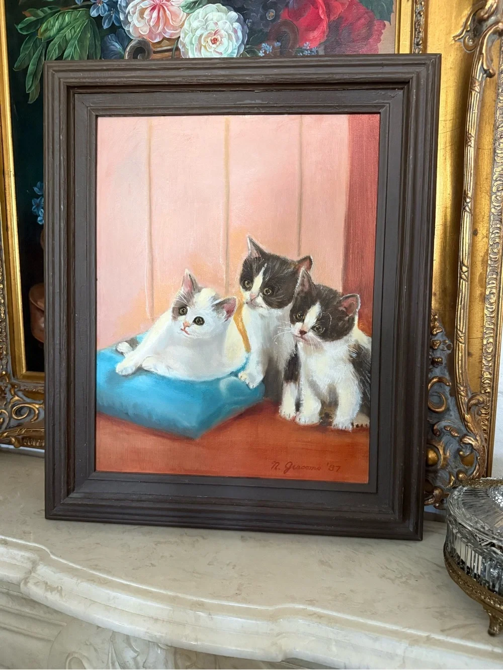 Cat Painting Wall Art - Brown Frame